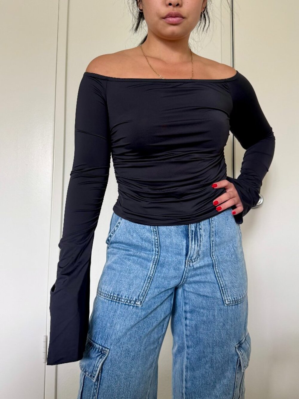 edikted black off shoulder long sleeve top